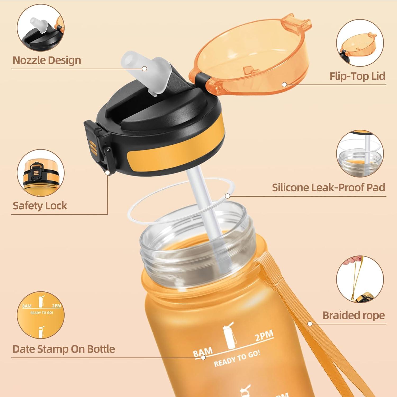 imageGourde 1000ML Gourde Paille Adulte Sans BPA Bouteille deau de Motivation avec Marqueur de Temps Bouteille Sport pour Salle de Sport Aire Libre Yoga RoseampampBleu cielJauneorange1000ml
