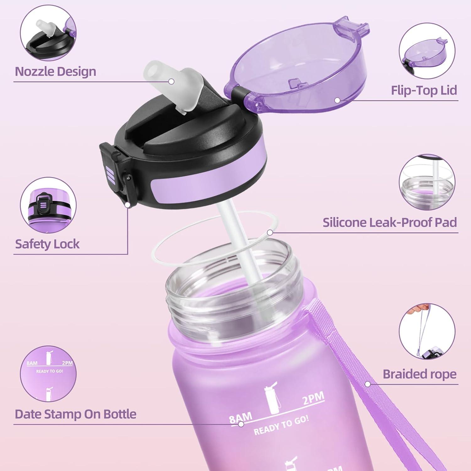 imageGourde 1000ML Gourde Paille Adulte Sans BPA Bouteille deau de Motivation avec Marqueur de Temps Bouteille Sport pour Salle de Sport Aire Libre Yoga RoseampampBleu cielViolet Clairrose Clair1000ml
