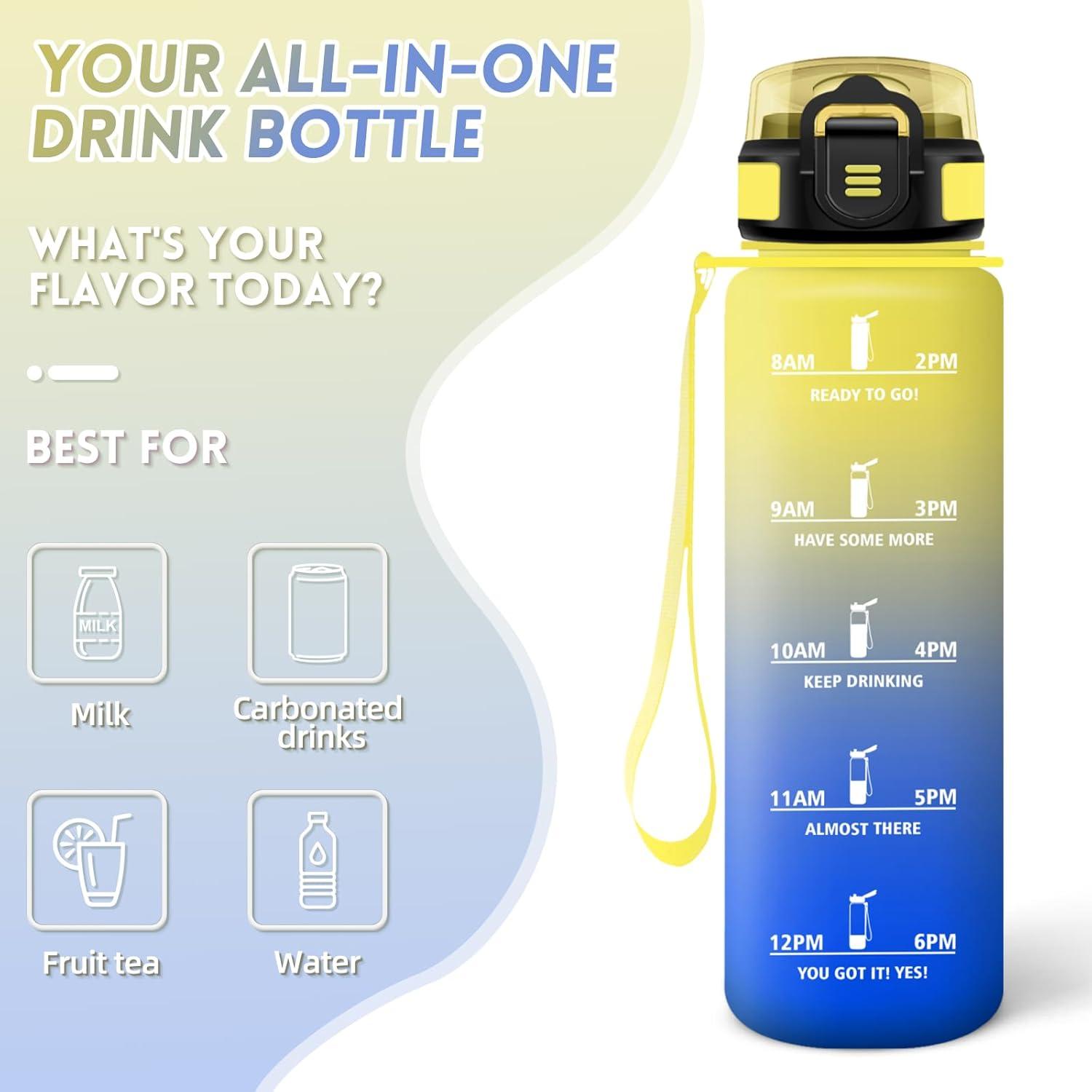 imageGourde 1000ML Gourde Paille Adulte Sans BPA Bouteille deau de Motivation avec Marqueur de Temps Bouteille Sport pour Salle de Sport Aire Libre Yoga RoseampampBleu cielJaunebleu Roi1000ml