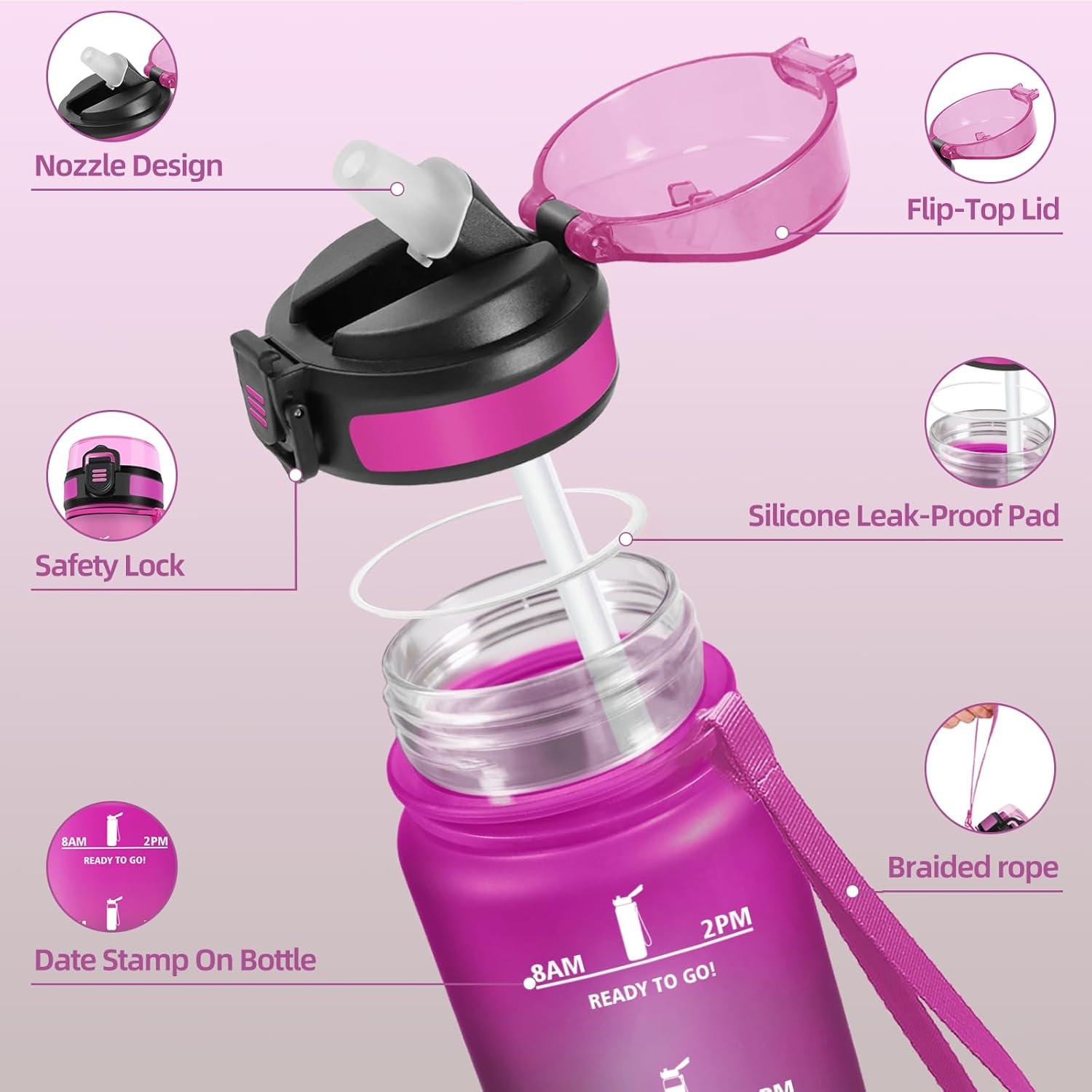 imageGourde 1000ML Gourde Paille Adulte Sans BPA Bouteille deau de Motivation avec Marqueur de Temps Bouteille Sport pour Salle de Sport Aire Libre Yoga RoseampampBleu cielPourpre Rougetrenoir1000ml