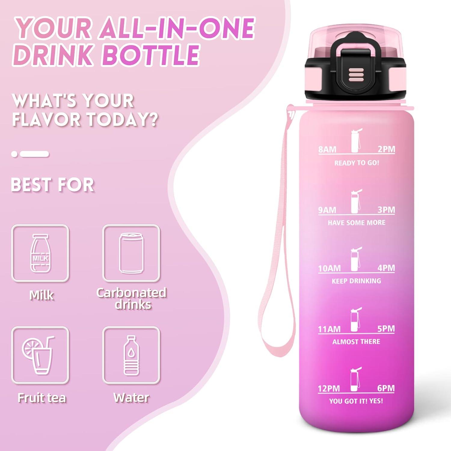 imageGourde 1000ML Gourde Paille Adulte Sans BPA Bouteille deau de Motivation avec Marqueur de Temps Bouteille Sport pour Salle de Sport Aire Libre Yoga RoseampampBleu cielRose Clairros1000ml