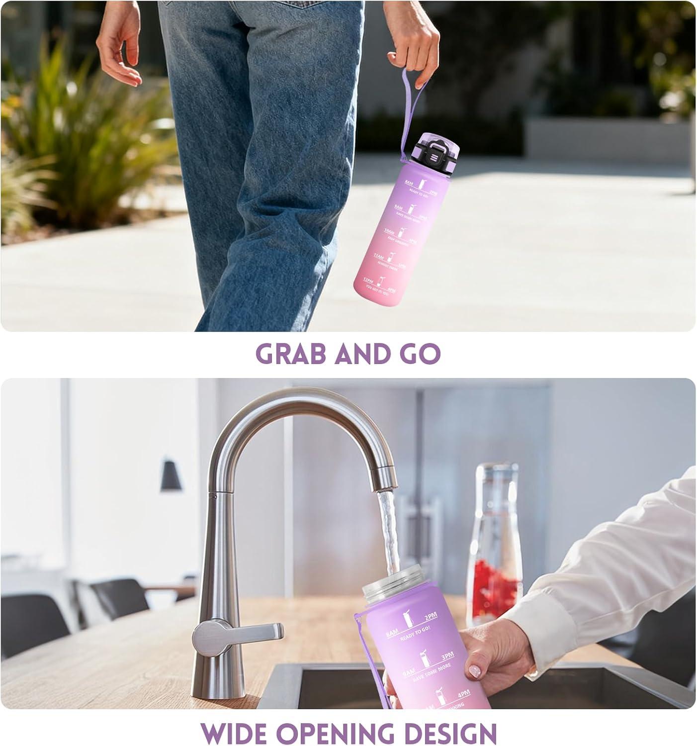 imageGourde 1000ML Gourde Paille Adulte Sans BPA Bouteille deau de Motivation avec Marqueur de Temps Bouteille Sport pour Salle de Sport Aire Libre Yoga RoseampampBleu cielViolet Clairrose Clair1000ml