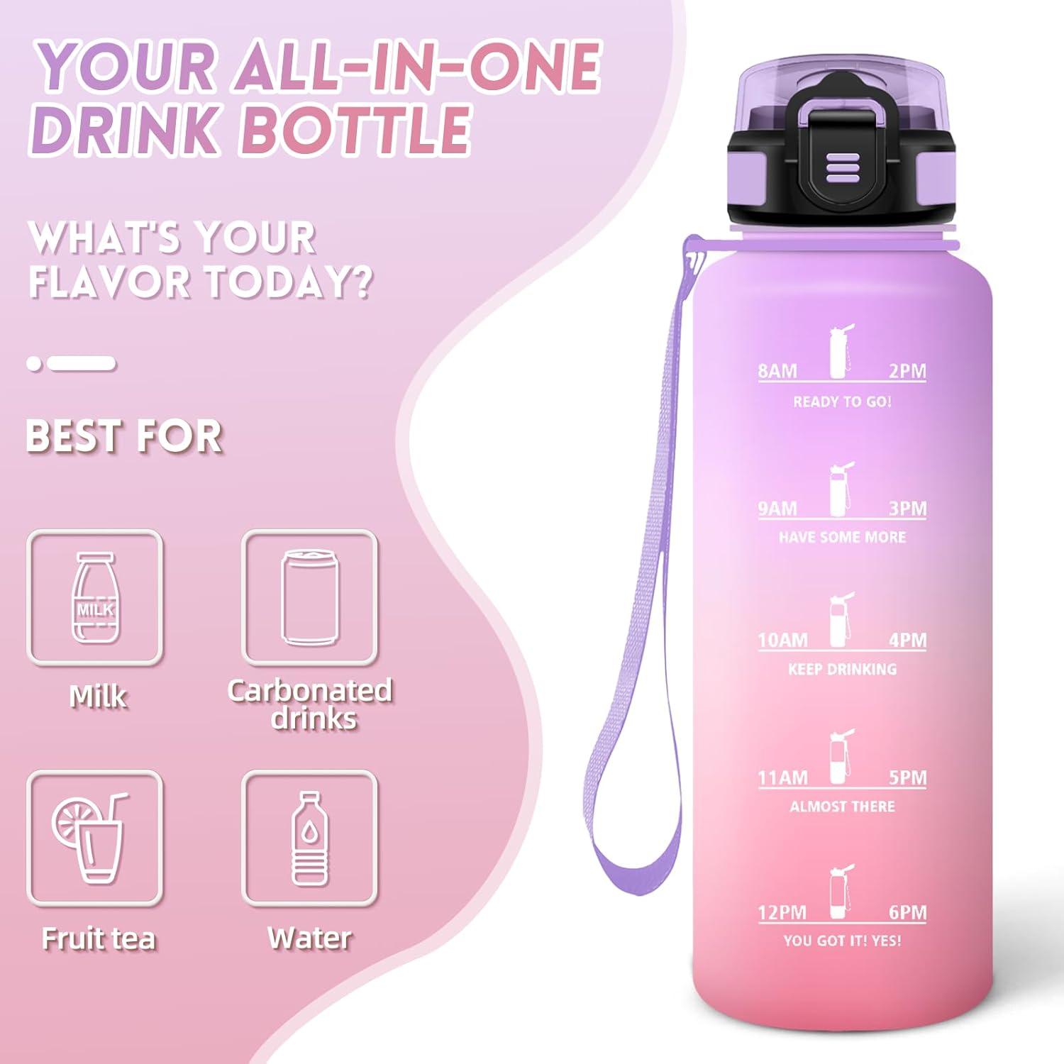 imageGourde 1000ML Gourde Paille Adulte Sans BPA Bouteille deau de Motivation avec Marqueur de Temps Bouteille Sport pour Salle de Sport Aire Libre Yoga RoseampampBleu cielViolet Clairrose Clair1500ml