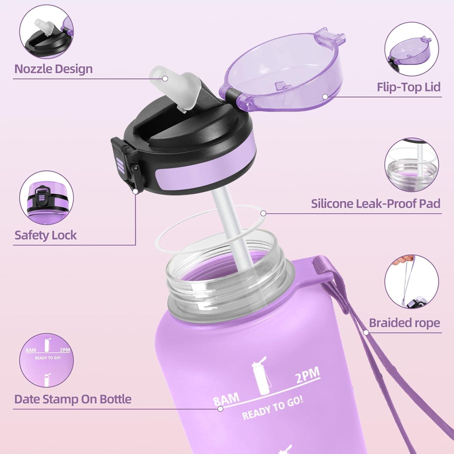 imageGourde 1000ML Gourde Paille Adulte Sans BPA Bouteille deau de Motivation avec Marqueur de Temps Bouteille Sport pour Salle de Sport Aire Libre Yoga RoseampampBleu cielViolet Clairrose Clair1500ml