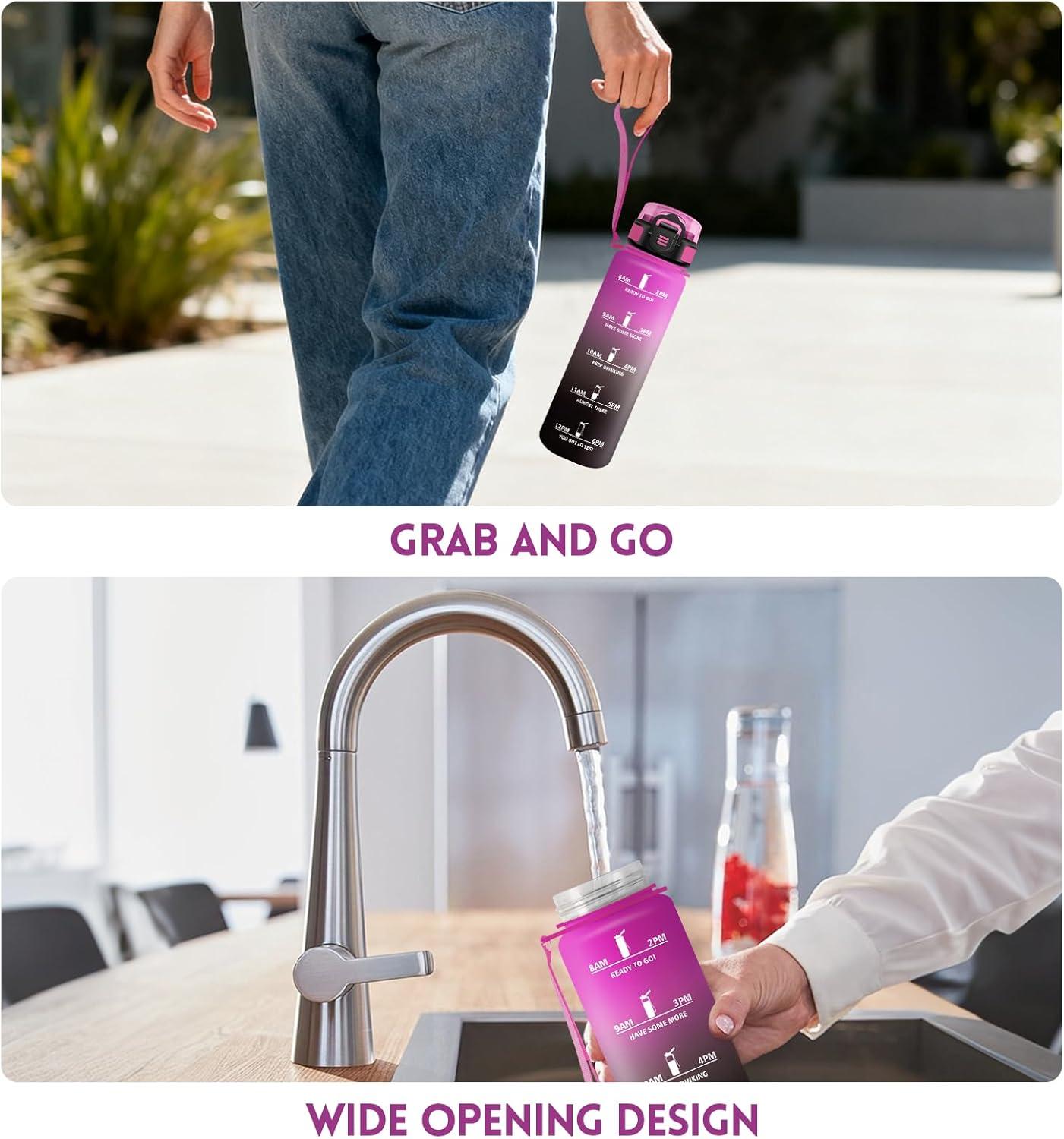 imageGourde 1000ML Gourde Paille Adulte Sans BPA Bouteille deau de Motivation avec Marqueur de Temps Bouteille Sport pour Salle de Sport Aire Libre Yoga RoseampampBleu cielPourpre Rougetrenoir1000ml