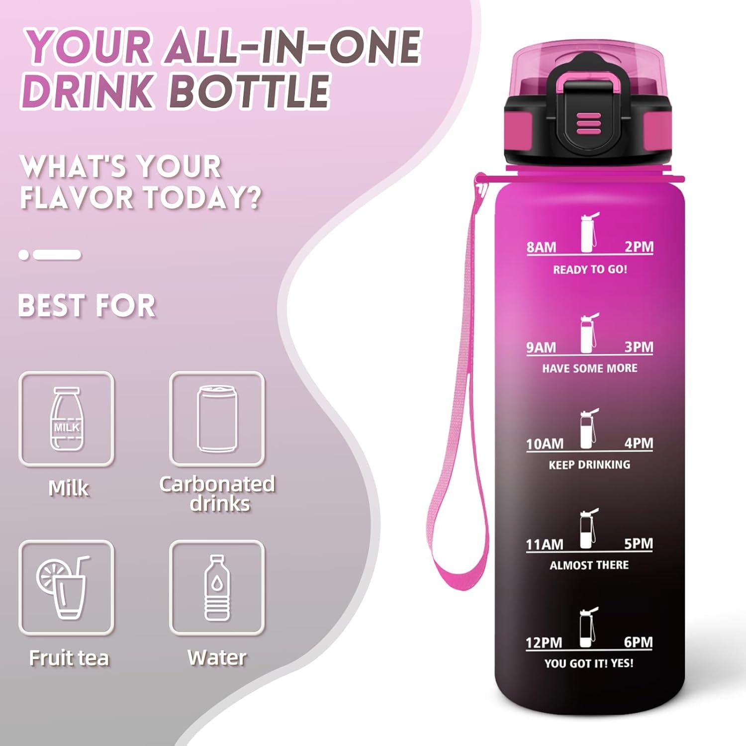 imageGourde 1000ML Gourde Paille Adulte Sans BPA Bouteille deau de Motivation avec Marqueur de Temps Bouteille Sport pour Salle de Sport Aire Libre Yoga RoseampampBleu cielPourpre Rougetrenoir1000ml