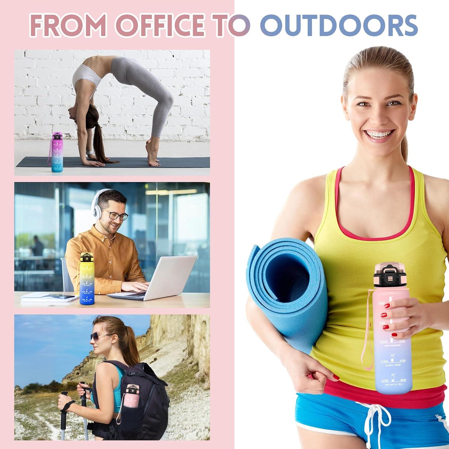 imageGourde 1000ML Gourde Paille Adulte Sans BPA Bouteille deau de Motivation avec Marqueur de Temps Bouteille Sport pour Salle de Sport Aire Libre Yoga RoseampampBleu cielRosebleu Ciel1000ml