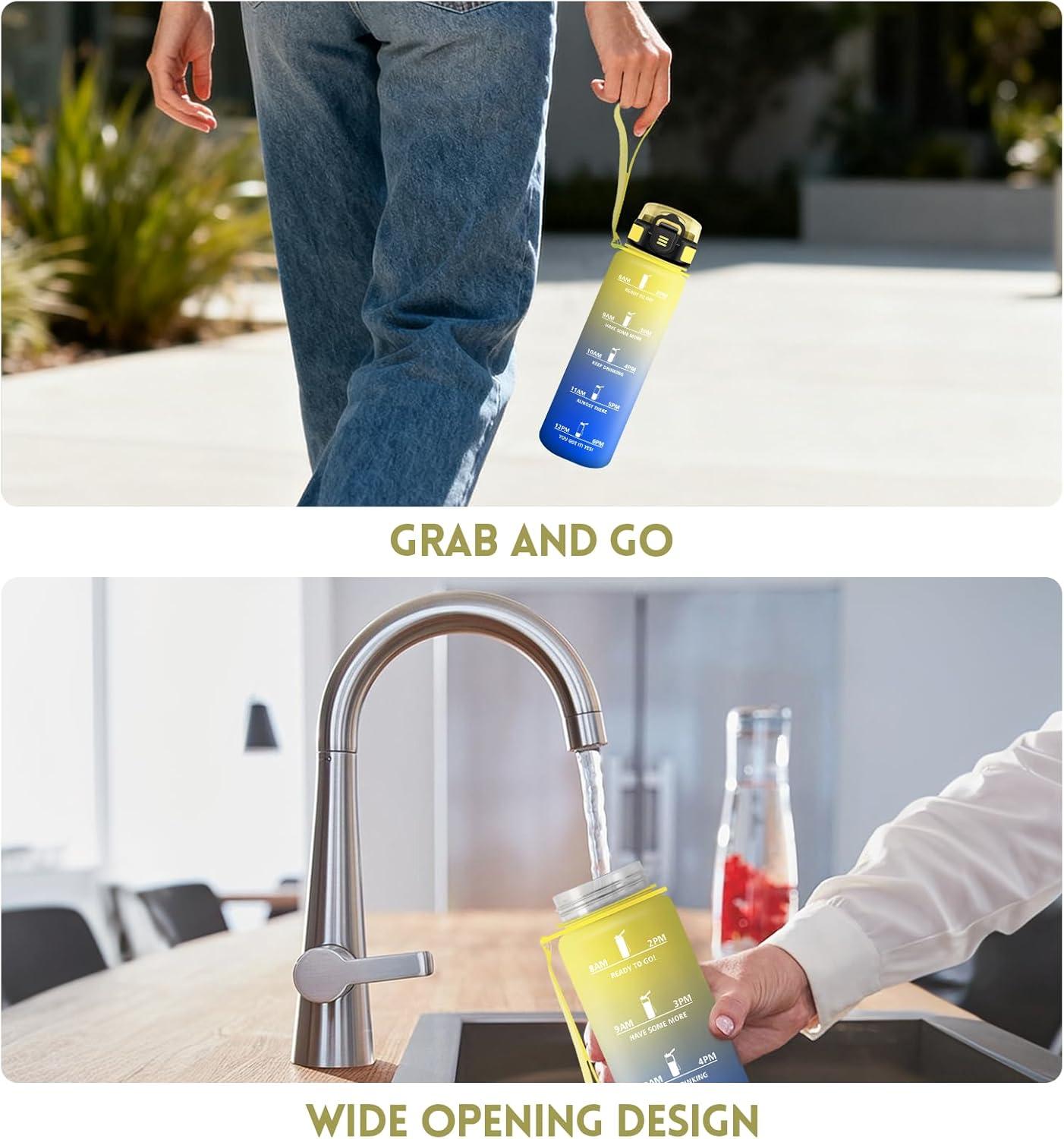 imageGourde 1000ML Gourde Paille Adulte Sans BPA Bouteille deau de Motivation avec Marqueur de Temps Bouteille Sport pour Salle de Sport Aire Libre Yoga RoseampampBleu cielJaunebleu Roi1000ml