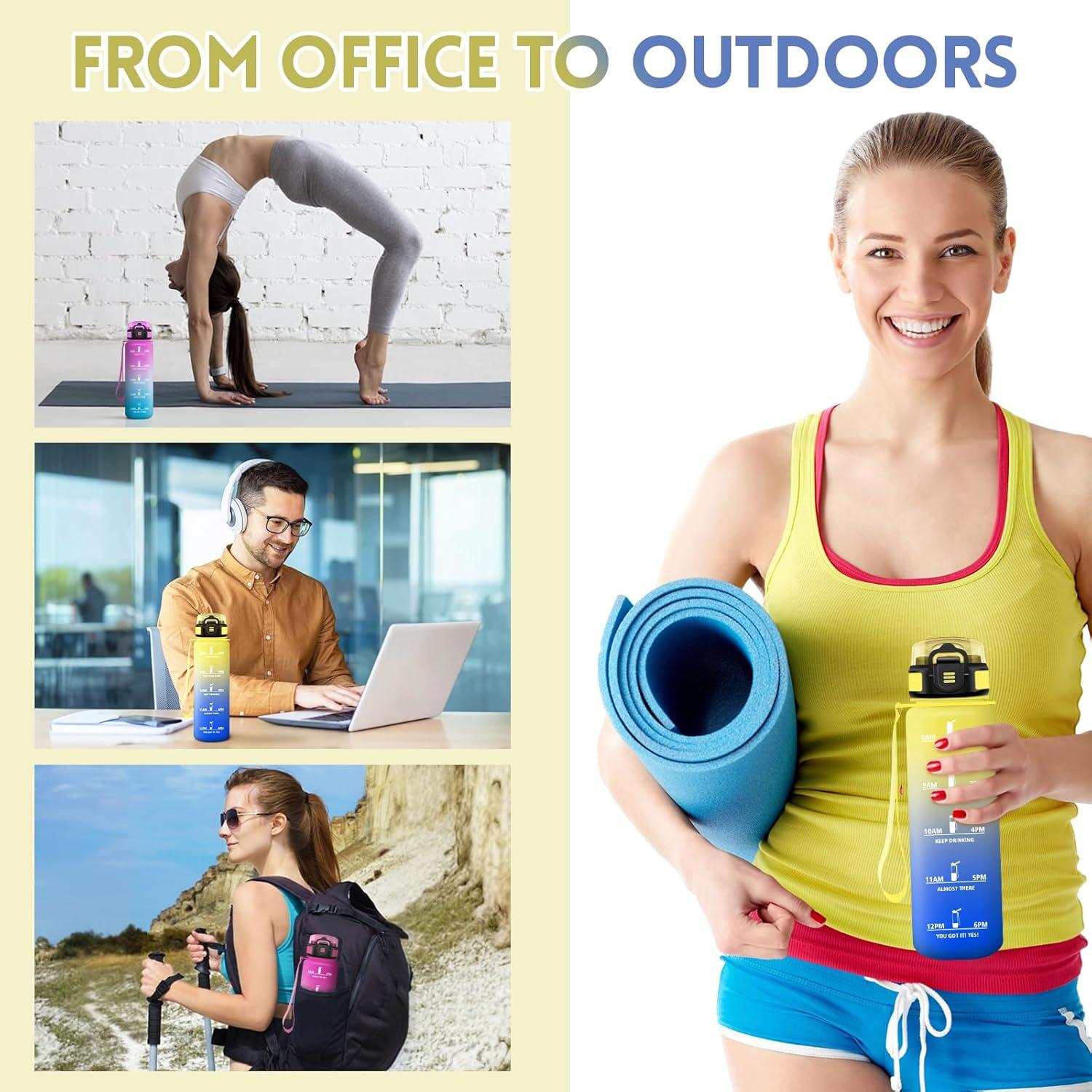 imageGourde 1000ML Gourde Paille Adulte Sans BPA Bouteille deau de Motivation avec Marqueur de Temps Bouteille Sport pour Salle de Sport Aire Libre Yoga RoseampampBleu cielJaunebleu Roi1000ml