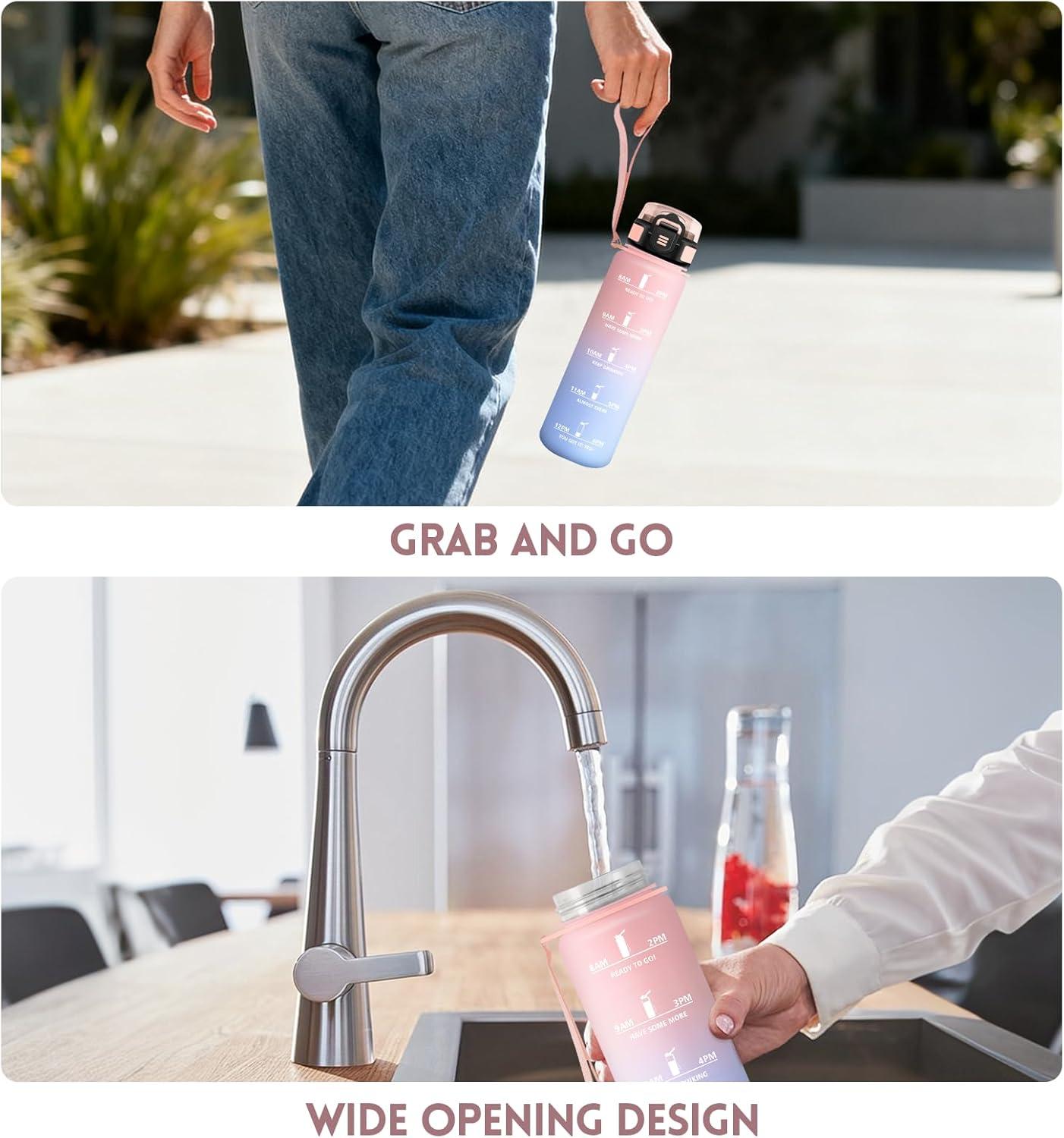 imageGourde 1000ML Gourde Paille Adulte Sans BPA Bouteille deau de Motivation avec Marqueur de Temps Bouteille Sport pour Salle de Sport Aire Libre Yoga RoseampampBleu cielRosebleu Ciel1000ml