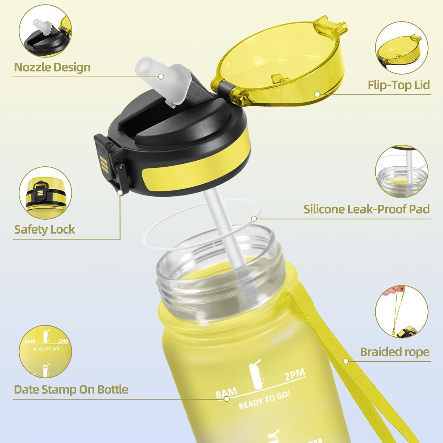 imageGourde 1000ML Gourde Paille Adulte Sans BPA Bouteille deau de Motivation avec Marqueur de Temps Bouteille Sport pour Salle de Sport Aire Libre Yoga RoseampampBleu cielJaunebleu Roi1000ml