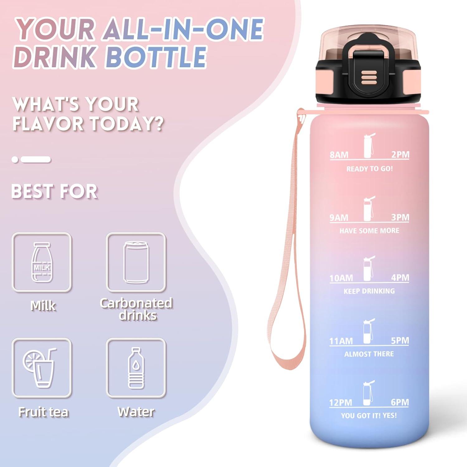 imageGourde 1000ML Gourde Paille Adulte Sans BPA Bouteille deau de Motivation avec Marqueur de Temps Bouteille Sport pour Salle de Sport Aire Libre Yoga RoseampampBleu cielRosebleu Ciel1000ml