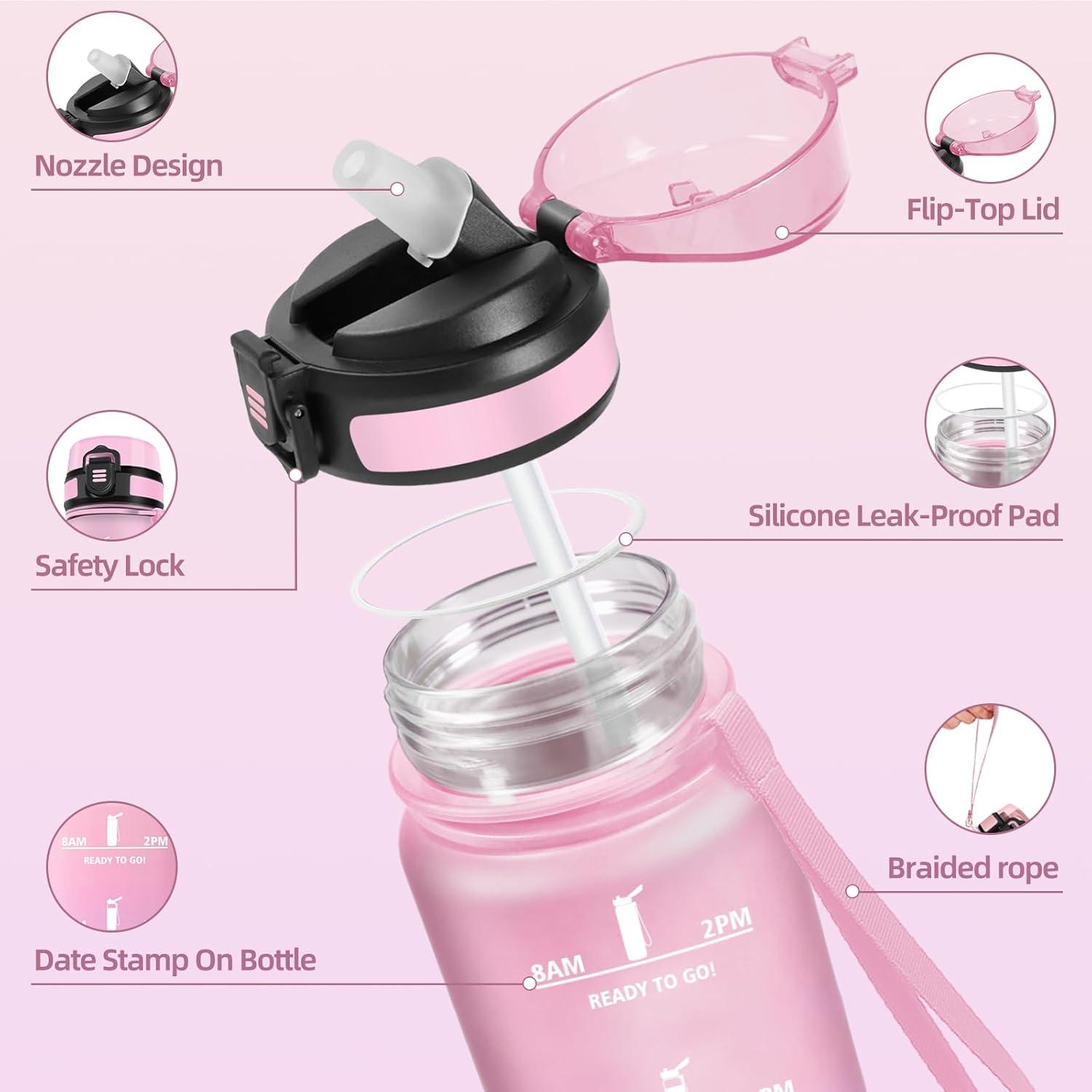 imageGourde 1000ML Gourde Paille Adulte Sans BPA Bouteille deau de Motivation avec Marqueur de Temps Bouteille Sport pour Salle de Sport Aire Libre Yoga RoseampampBleu cielRose Clairros1000ml