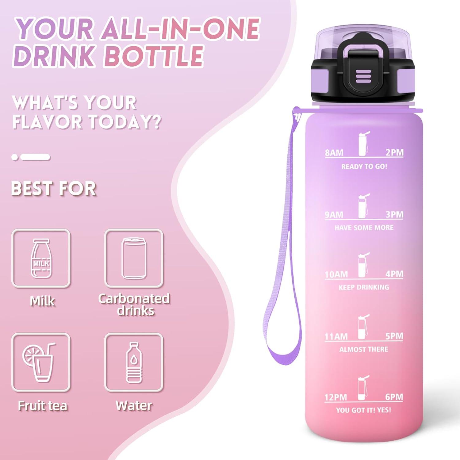 imageGourde 1000ML Gourde Paille Adulte Sans BPA Bouteille deau de Motivation avec Marqueur de Temps Bouteille Sport pour Salle de Sport Aire Libre Yoga RoseampampBleu cielViolet Clairrose Clair1000ml