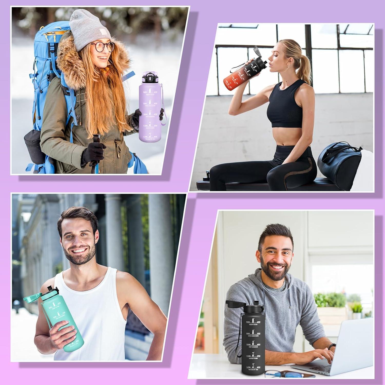 imageGourde 1500ML Sans BPA Gourde sport Conception de Verrouillage AntiFuite Bouteille Avec Horodatage Bouteille Eau pour cole Yoga En cours dexcution Escalader Des Montagnes VertPoudreVioletclair1500ml