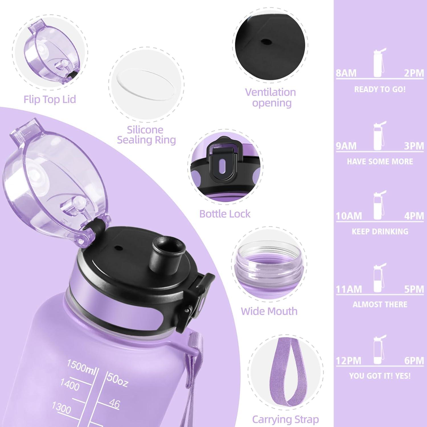 imageGourde 1500ML Sans BPA Gourde sport Conception de Verrouillage AntiFuite Bouteille Avec Horodatage Bouteille Eau pour cole Yoga En cours dexcution Escalader Des Montagnes VertPoudreVioletclair1500ml
