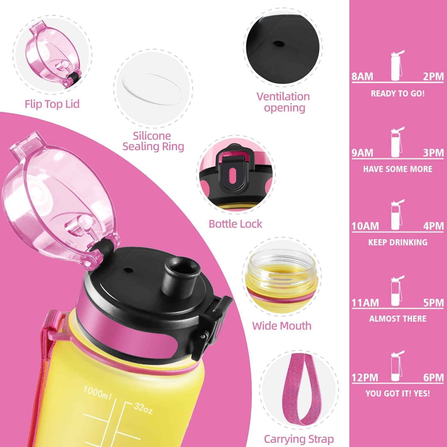 imageGourde 1500ML Sans BPA Gourde sport Conception de Verrouillage AntiFuite Bouteille Avec Horodatage Bouteille Eau pour cole Yoga En cours dexcution Escalader Des Montagnes VertPoudreJaunerose1000ml