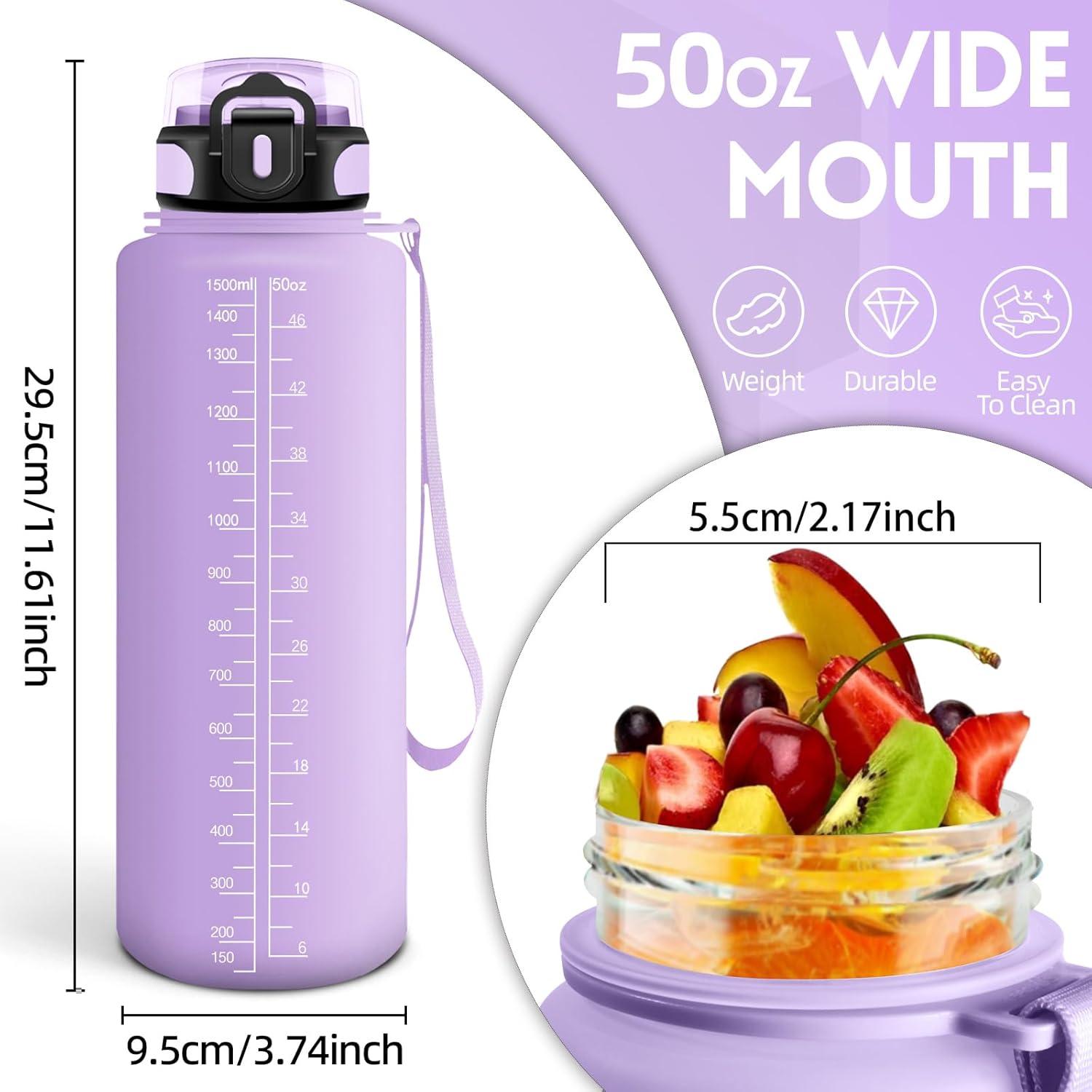 imageGourde 1500ML Sans BPA Gourde sport Conception de Verrouillage AntiFuite Bouteille Avec Horodatage Bouteille Eau pour cole Yoga En cours dexcution Escalader Des Montagnes VertPoudreVioletclair1500ml