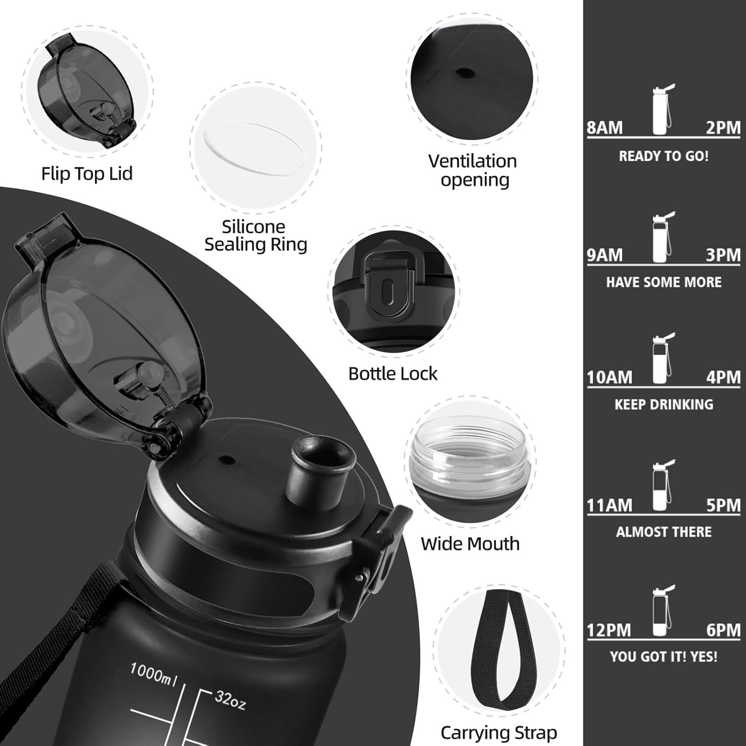 imageGourde 1500ML Sans BPA Gourde sport Conception de Verrouillage AntiFuite Bouteille Avec Horodatage Bouteille Eau pour cole Yoga En cours dexcution Escalader Des Montagnes VertPoudreNoirrouge1000ml