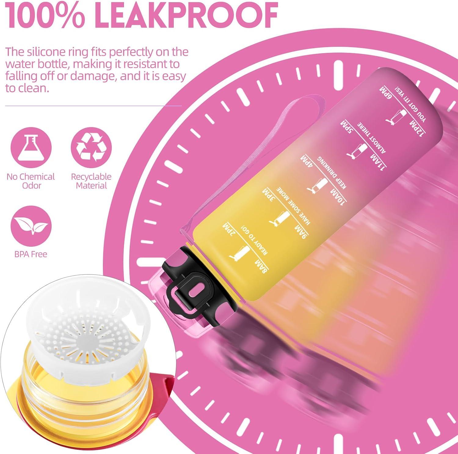 imageGourde 1500ML Sans BPA Gourde sport Conception de Verrouillage AntiFuite Bouteille Avec Horodatage Bouteille Eau pour cole Yoga En cours dexcution Escalader Des Montagnes VertPoudreJaunerose1000ml