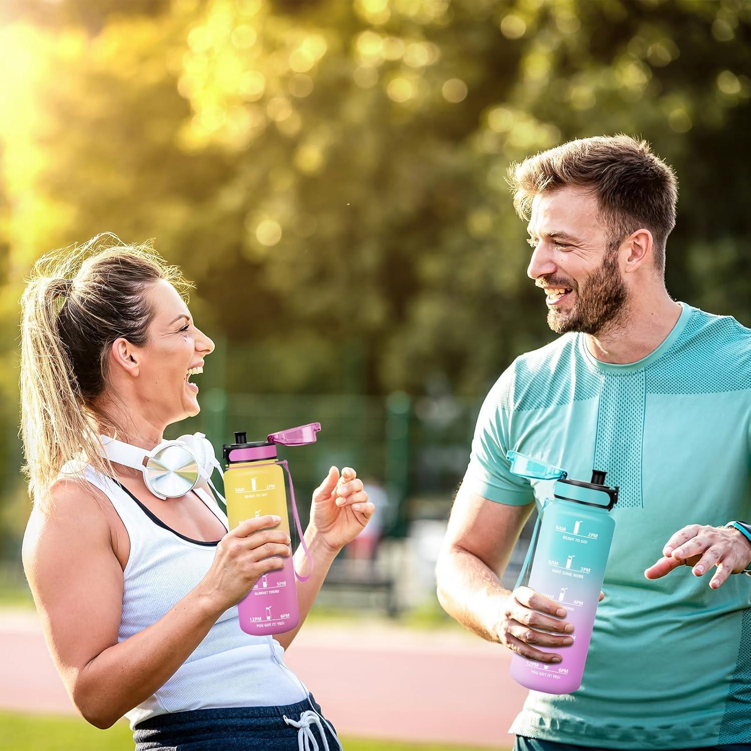 imageGourde 1500ML Sans BPA Gourde sport Conception de Verrouillage AntiFuite Bouteille Avec Horodatage Bouteille Eau pour cole Yoga En cours dexcution Escalader Des Montagnes VertPoudreJaunerose1000ml