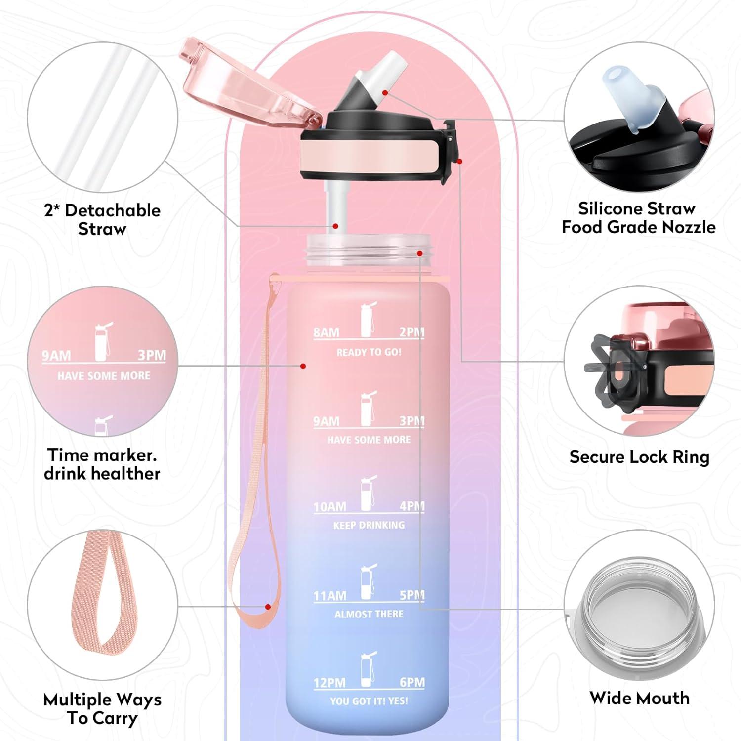 imageGourde Sport 500ml Bouteille Sport tanche Gourde avec Paille et Marqueur de Temps Bouteille Rutilisable Gourde sans BPA Bouteille deau pour Enfant Bureau Fitness Randonne Yoga Camping1000ml Rose Bleu Ciel