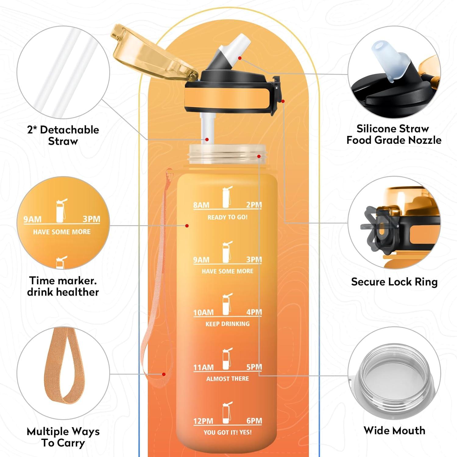imageGourde Sport 500ml Bouteille Sport tanche Gourde avec Paille et Marqueur de Temps Bouteille Rutilisable Gourde sans BPA Bouteille deau pour Enfant Bureau Fitness Randonne Yoga Camping1000ml Jaune Ambre Orange