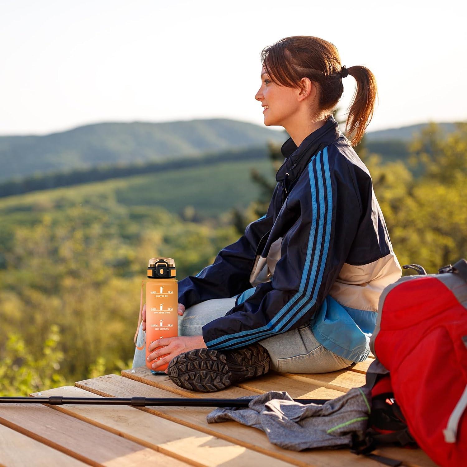 imageGourde Sport 500ml Bouteille Sport tanche Gourde avec Paille et Marqueur de Temps Bouteille Rutilisable Gourde sans BPA Bouteille deau pour Enfant Bureau Fitness Randonne Yoga Camping1000ml Jaune Ambre Orange