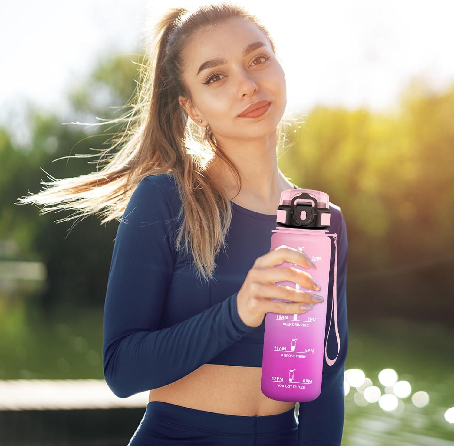imageGourde Sport 500ml Bouteille Sport tanche Gourde avec Paille et Marqueur de Temps Bouteille Rutilisable Gourde sans BPA Bouteille deau pour Enfant Bureau Fitness Randonne Yoga Camping1000ml Rose Clair Rose