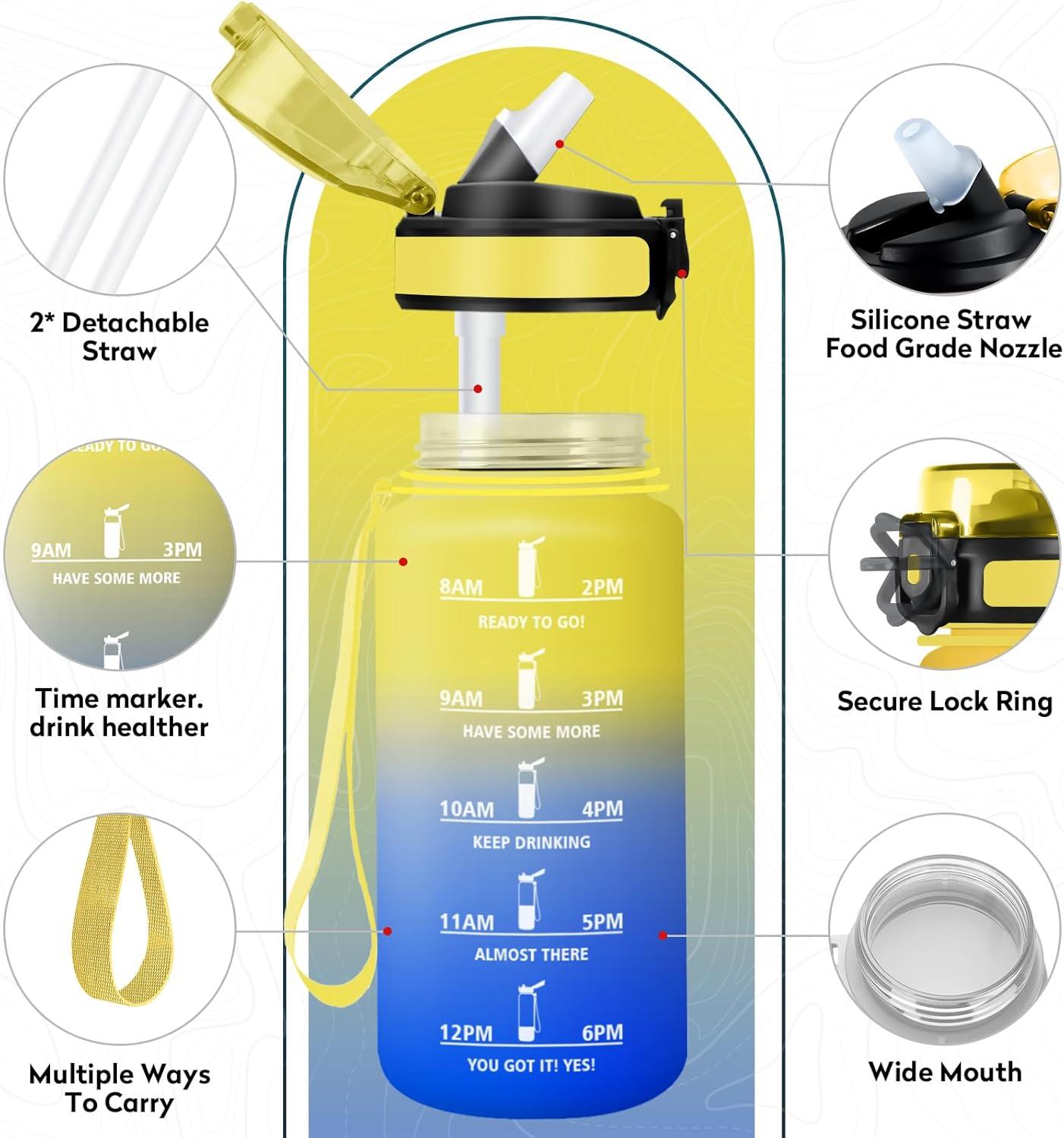 imageGourde Sport 500ml Bouteille Sport tanche Gourde avec Paille et Marqueur de Temps Bouteille Rutilisable Gourde sans BPA Bouteille deau pour Enfant Bureau Fitness Randonne Yoga Camping500ml Jaune Bleu Roi