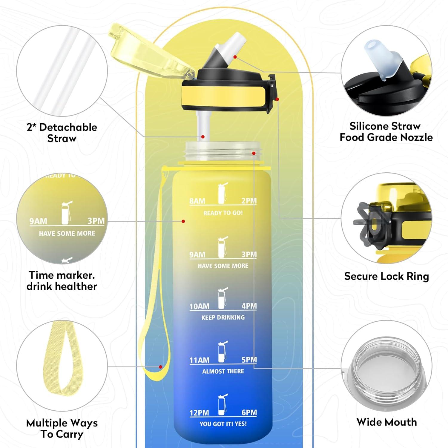 imageGourde Sport 500ml Bouteille Sport tanche Gourde avec Paille et Marqueur de Temps Bouteille Rutilisable Gourde sans BPA Bouteille deau pour Enfant Bureau Fitness Randonne Yoga Camping1000ml Jaune Bleu Roi