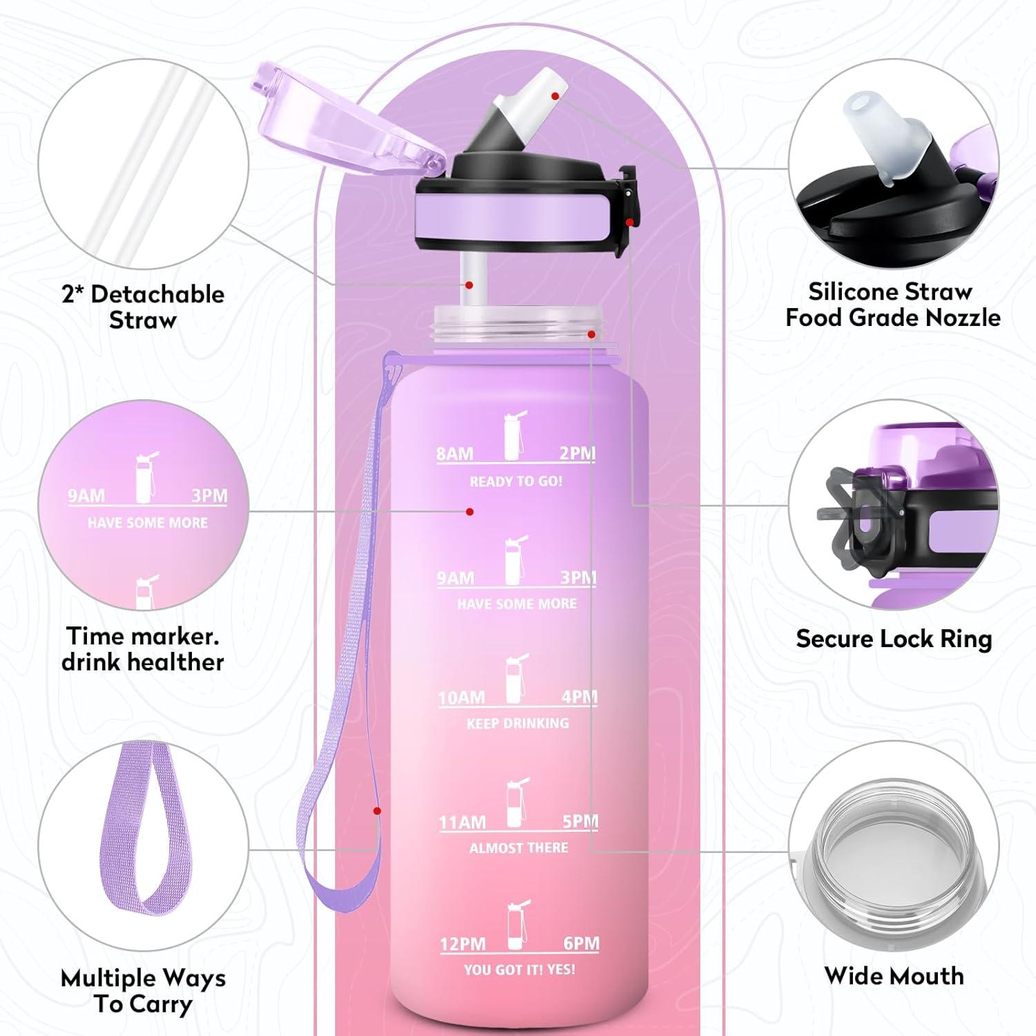 imageGourde Sport 500ml Bouteille Sport tanche Gourde avec Paille et Marqueur de Temps Bouteille Rutilisable Gourde sans BPA Bouteille deau pour Enfant Bureau Fitness Randonne Yoga Camping1500ml Violet Clair Rose Clair