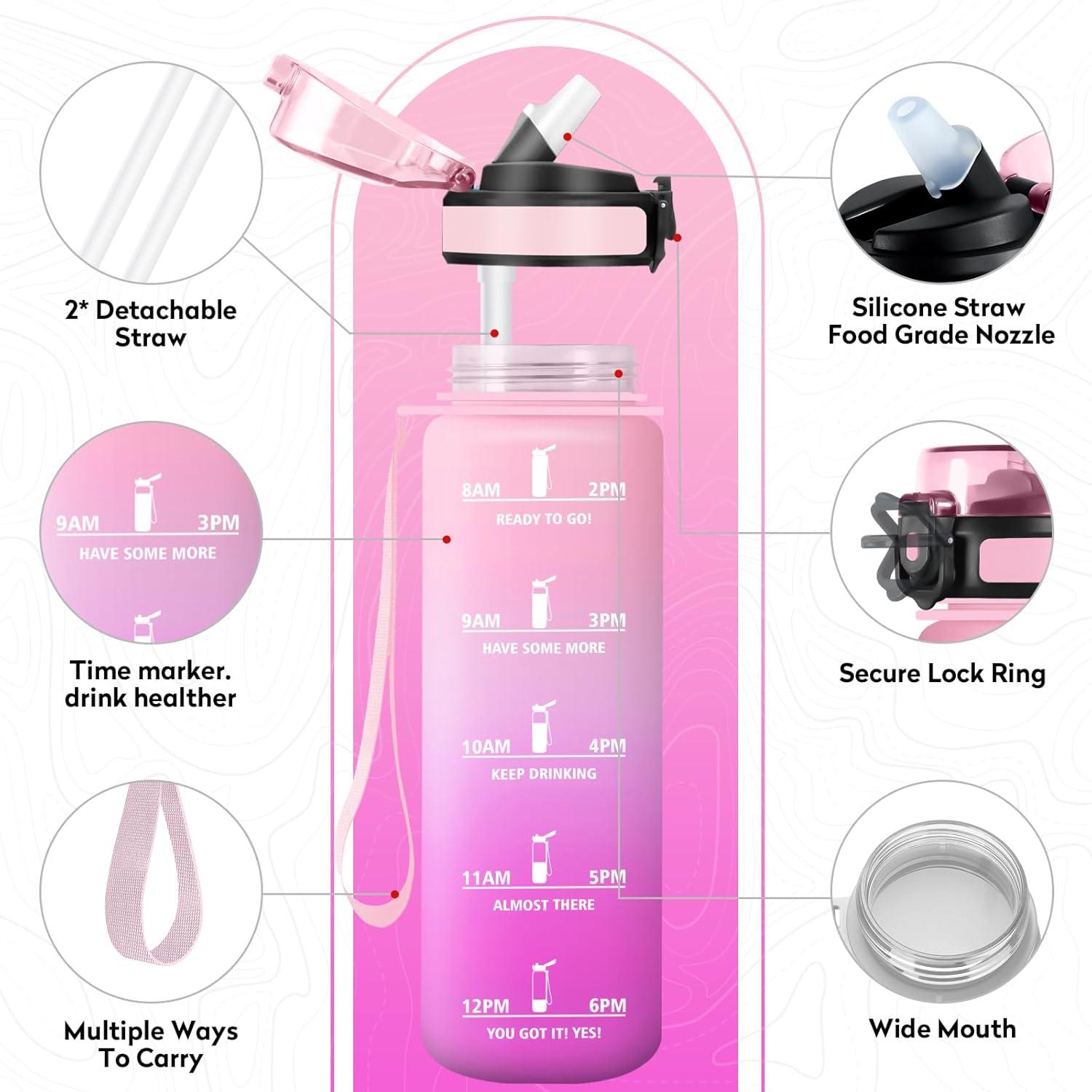 imageGourde Sport 500ml Bouteille Sport tanche Gourde avec Paille et Marqueur de Temps Bouteille Rutilisable Gourde sans BPA Bouteille deau pour Enfant Bureau Fitness Randonne Yoga Camping1000ml Rose Clair Rose
