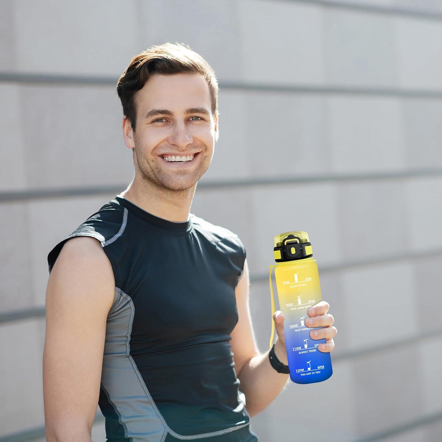 imageGourde Sport 500ml Bouteille Sport tanche Gourde avec Paille et Marqueur de Temps Bouteille Rutilisable Gourde sans BPA Bouteille deau pour Enfant Bureau Fitness Randonne Yoga Camping1000ml Jaune Bleu Roi