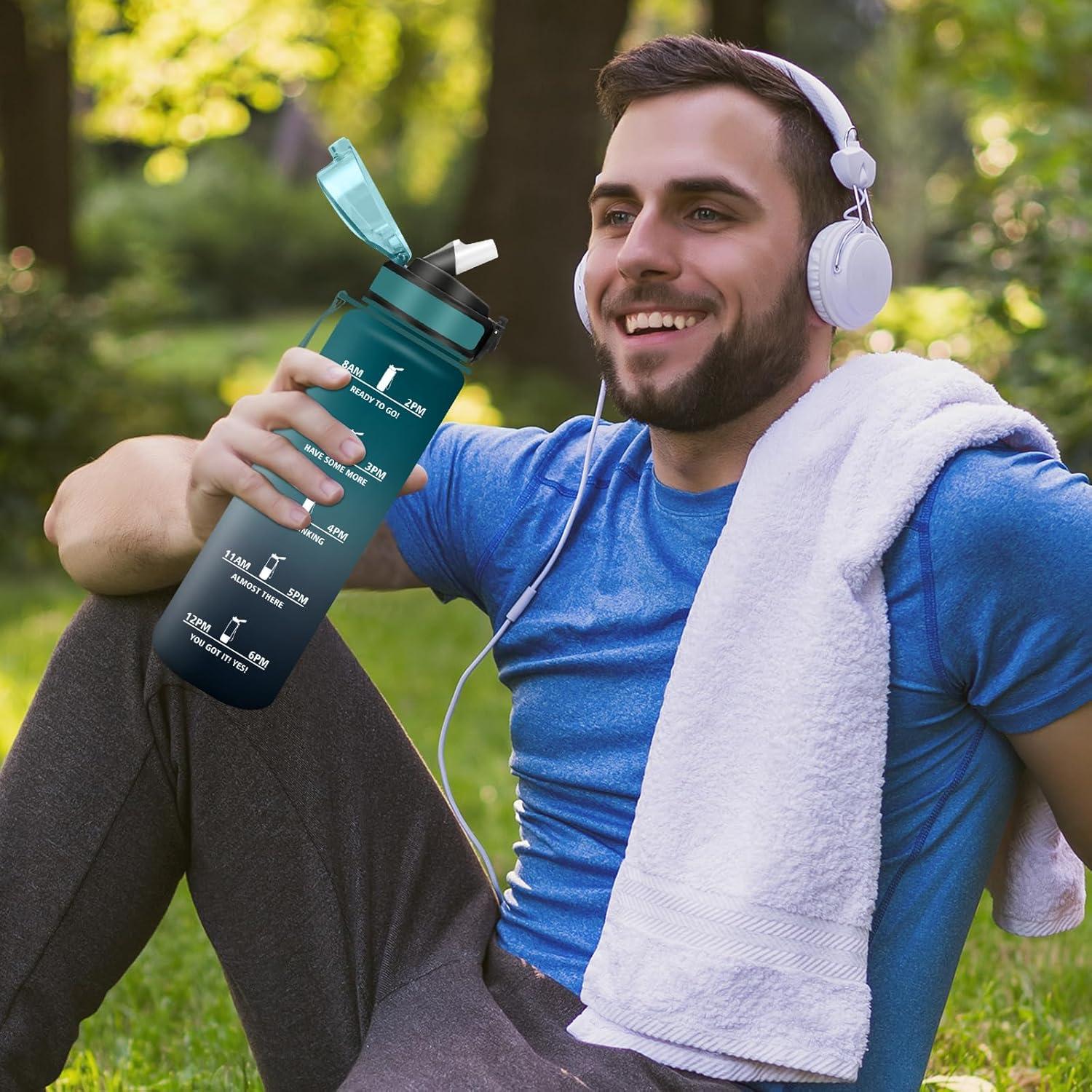 imageGourde Sport 500ml Bouteille Sport tanche Gourde avec Paille et Marqueur de Temps Bouteille Rutilisable Gourde sans BPA Bouteille deau pour Enfant Bureau Fitness Randonne Yoga Camping1000ml Vert Fonc Gris