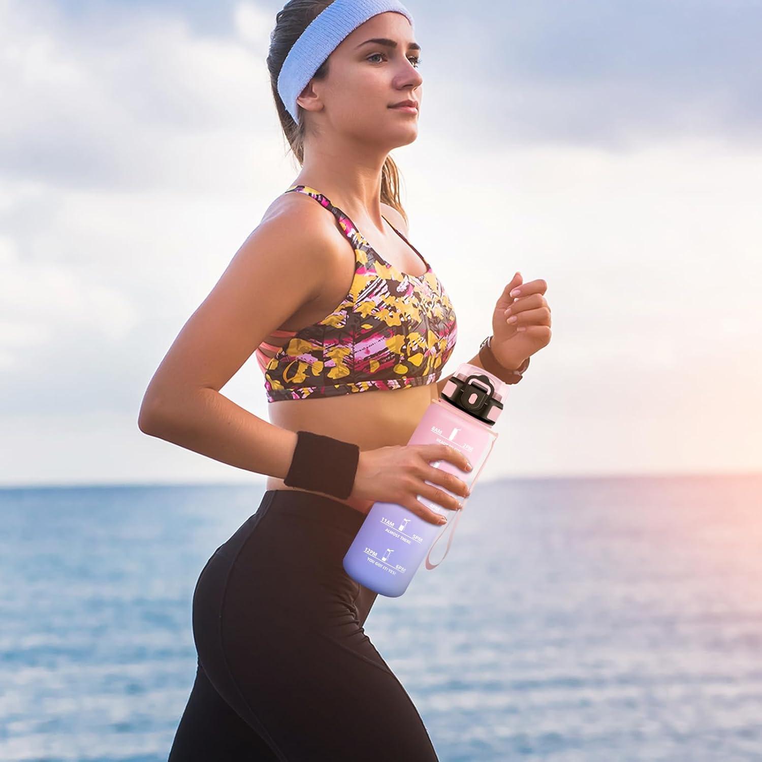 imageGourde Sport 500ml Bouteille Sport tanche Gourde avec Paille et Marqueur de Temps Bouteille Rutilisable Gourde sans BPA Bouteille deau pour Enfant Bureau Fitness Randonne Yoga Camping1000ml Rose Bleu Ciel