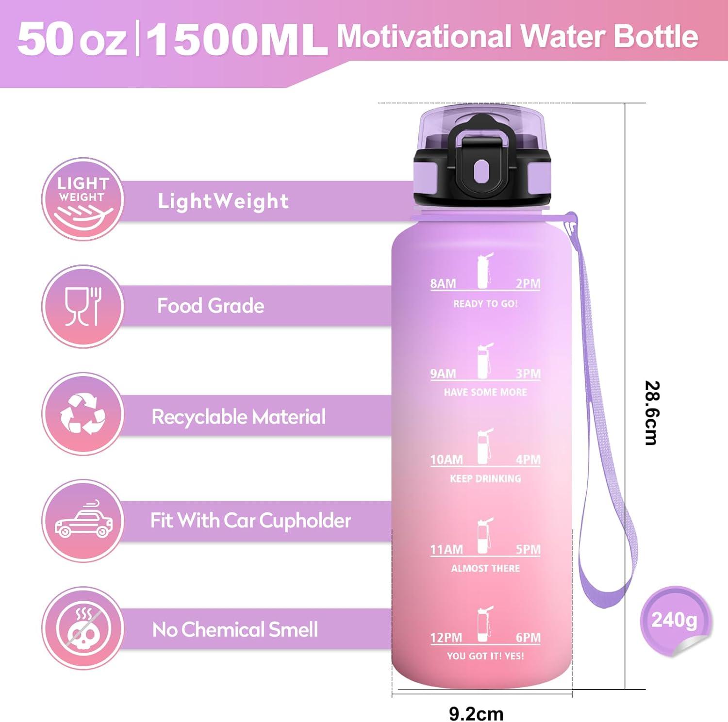 imageGourde Sport 500ml Bouteille Sport tanche Gourde avec Paille et Marqueur de Temps Bouteille Rutilisable Gourde sans BPA Bouteille deau pour Enfant Bureau Fitness Randonne Yoga Camping1500ml Violet Clair Rose Clair