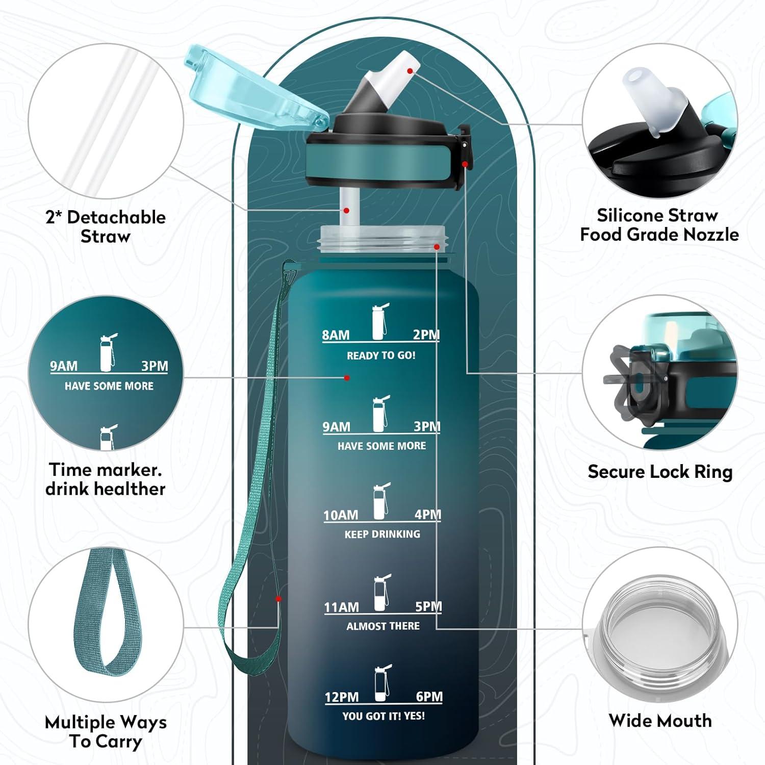 imageGourde Sport 500ml Bouteille Sport tanche Gourde avec Paille et Marqueur de Temps Bouteille Rutilisable Gourde sans BPA Bouteille deau pour Enfant Bureau Fitness Randonne Yoga Camping1500ml Vert Fonc Gris