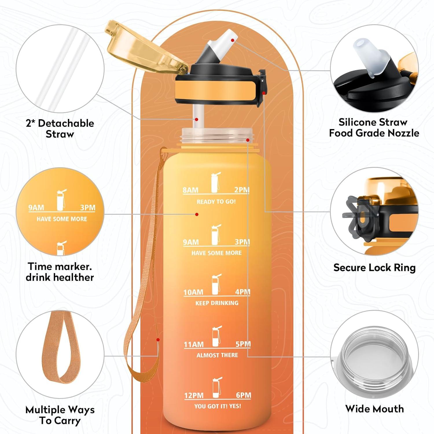 imageGourde Sport 500ml Bouteille Sport tanche Gourde avec Paille et Marqueur de Temps Bouteille Rutilisable Gourde sans BPA Bouteille deau pour Enfant Bureau Fitness Randonne Yoga Camping1500ml Jaune Ambre Orange
