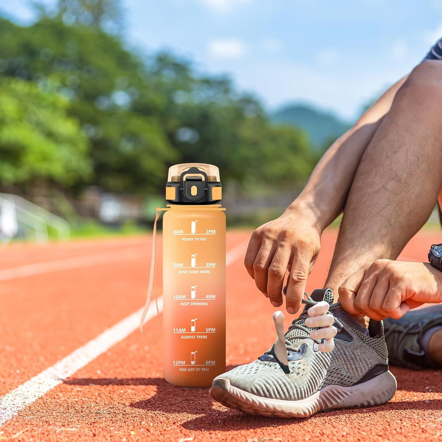 imageGourde Sport 500ml Bouteille Sport tanche Gourde avec Paille et Marqueur de Temps Bouteille Rutilisable Gourde sans BPA Bouteille deau pour Enfant Bureau Fitness Randonne Yoga Camping1000ml Jaune Ambre Orange