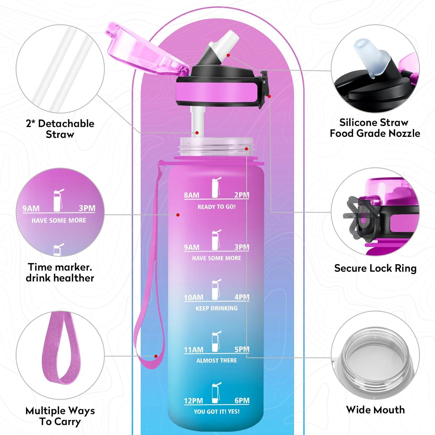 imageGourde Sport 500ml Bouteille Sport tanche Gourde avec Paille et Marqueur de Temps Bouteille Rutilisable Gourde sans BPA Bouteille deau pour Enfant Bureau Fitness Randonne Yoga Camping1000ml Rose Cyan
