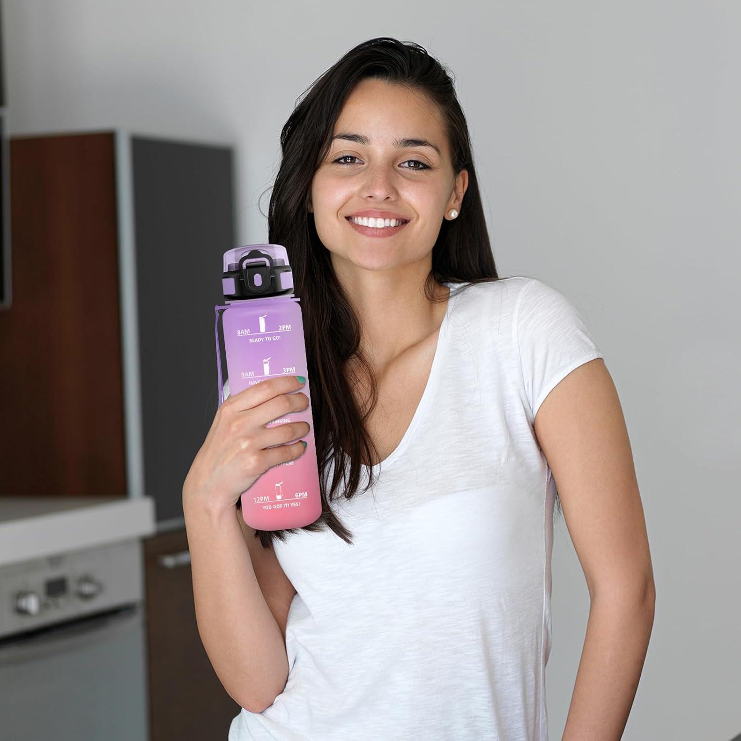 imageGourde Sport 500ml Bouteille Sport tanche Gourde avec Paille et Marqueur de Temps Bouteille Rutilisable Gourde sans BPA Bouteille deau pour Enfant Bureau Fitness Randonne Yoga Camping1000ml Violet Clair Rose Clair