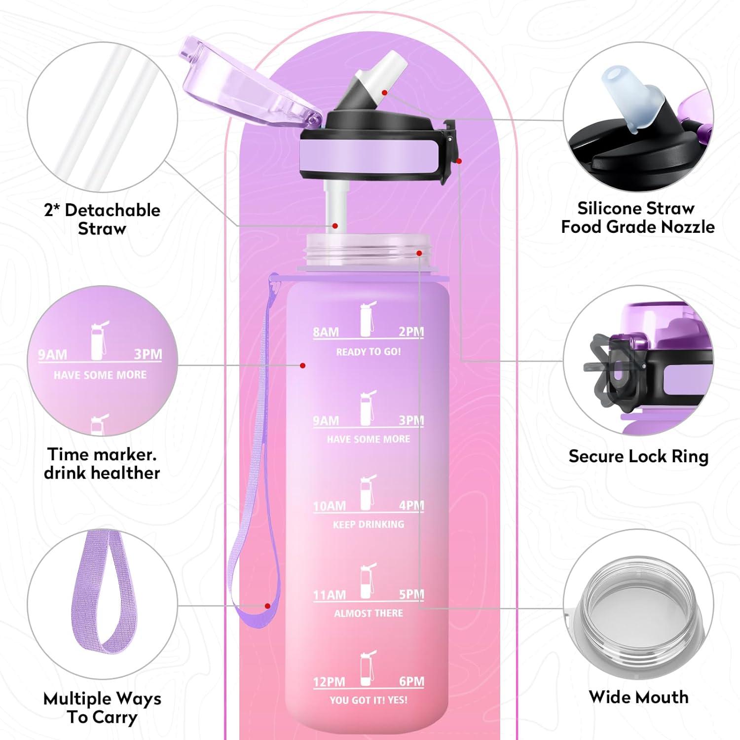 imageGourde Sport 500ml Bouteille Sport tanche Gourde avec Paille et Marqueur de Temps Bouteille Rutilisable Gourde sans BPA Bouteille deau pour Enfant Bureau Fitness Randonne Yoga Camping1000ml Violet Clair Rose Clair