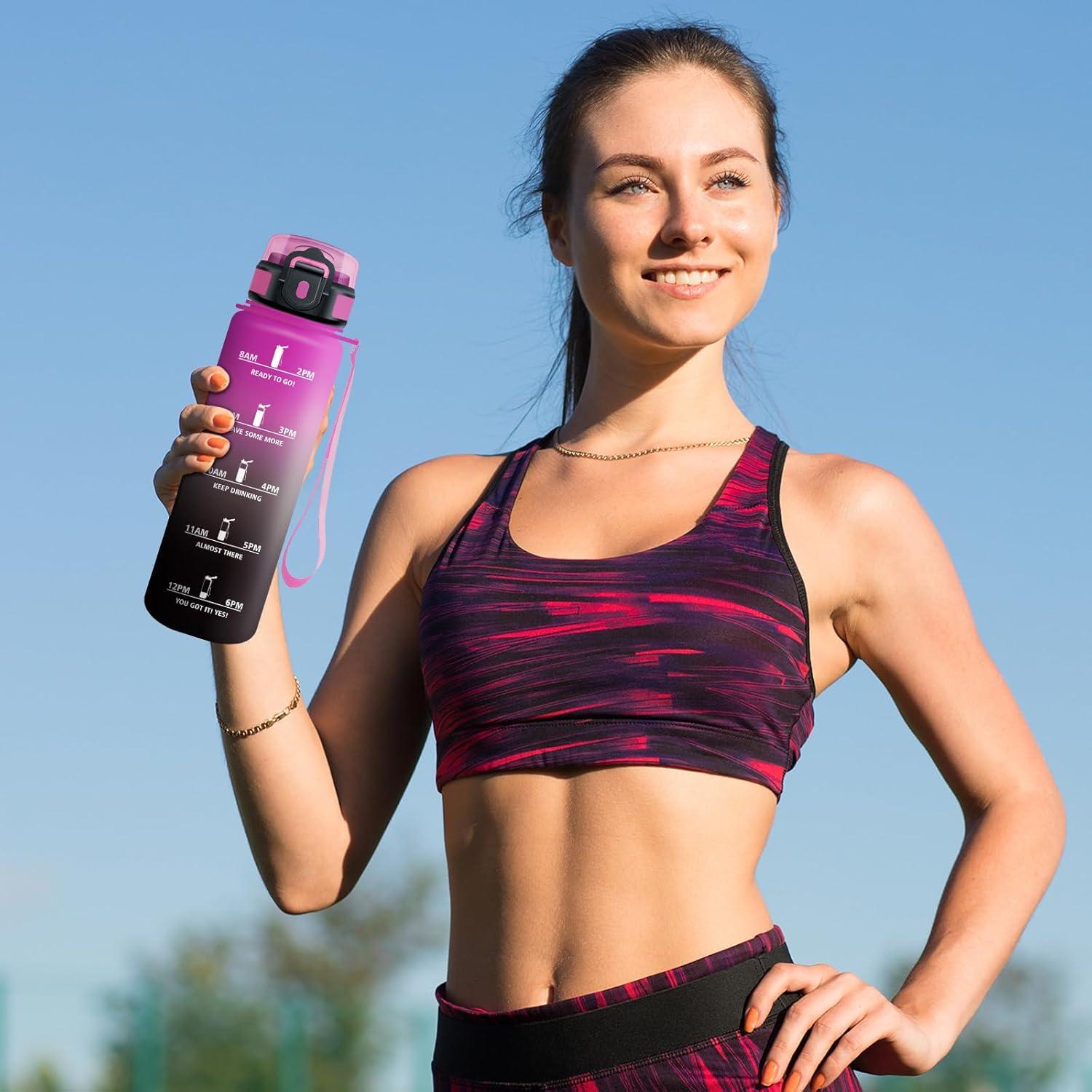imageGourde Sport 500ml Bouteille Sport tanche Gourde avec Paille et Marqueur de Temps Bouteille Rutilisable Gourde sans BPA Bouteille deau pour Enfant Bureau Fitness Randonne Yoga Camping1000ml Rouge Pourpre Noir