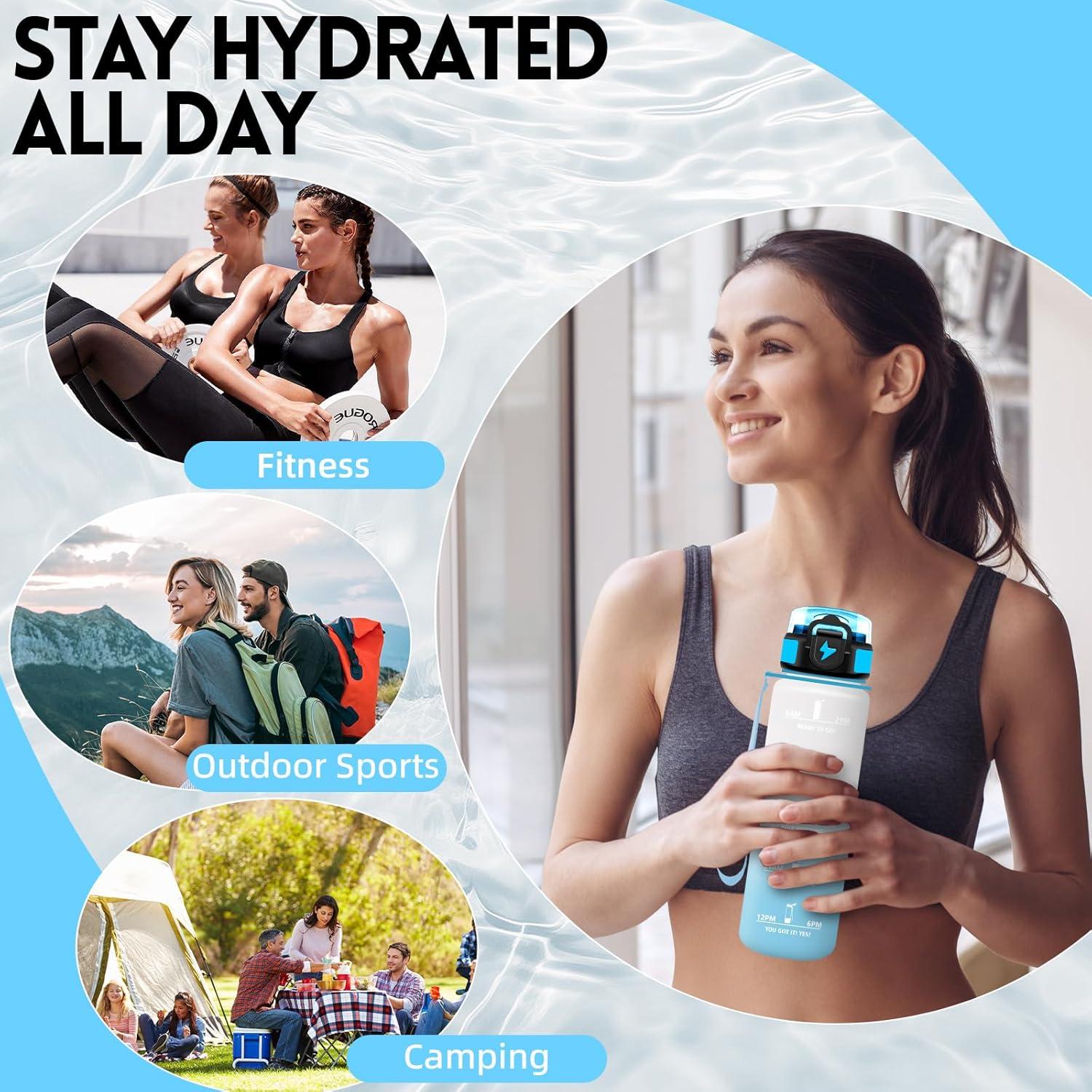 imageGrsta Gourde 1l Anti Fuite Gourde Sport avec Paille Verrou de Scurit Gourdes Motivationnelle Facile Nettoyer Bouteille deau avec Marqueur de Temps pour Cyclisme Gym YogaBlancbleu