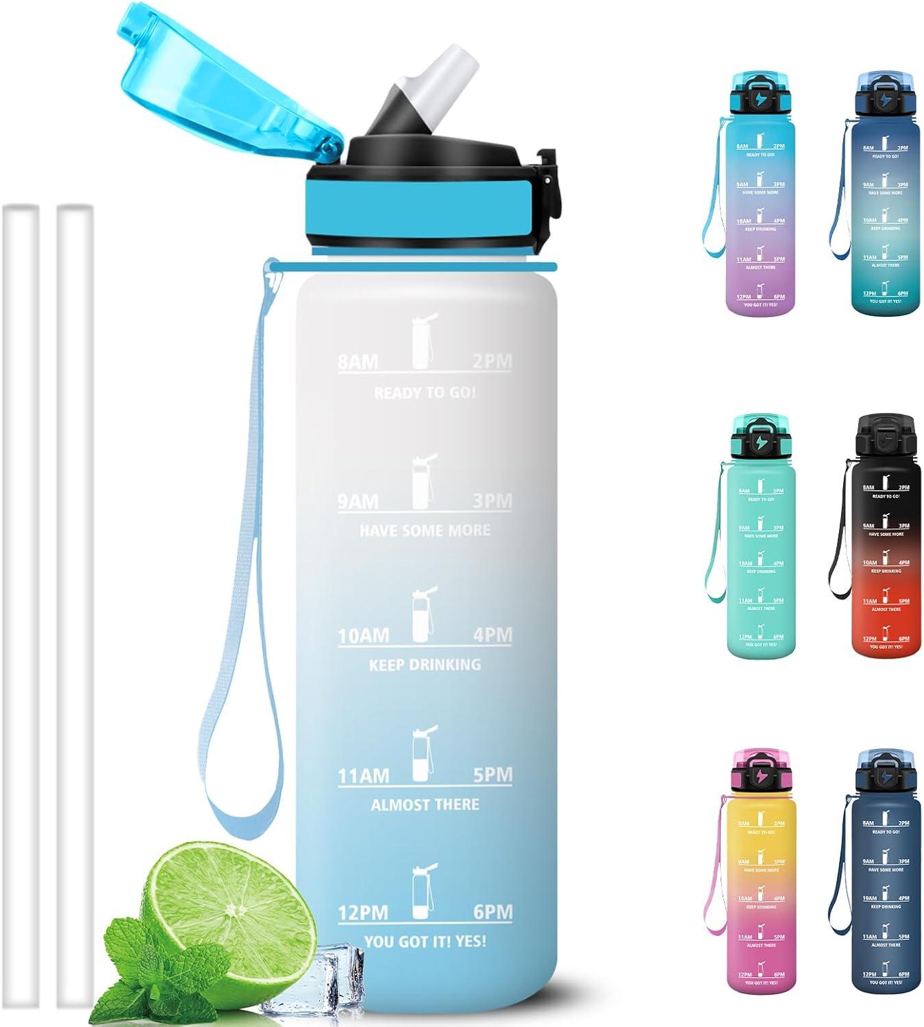 imageGrsta Gourde 1l Anti Fuite Gourde Sport avec Paille Verrou de Scurit Gourdes Motivationnelle Facile Nettoyer Bouteille deau avec Marqueur de Temps pour Cyclisme Gym YogaBlancbleu