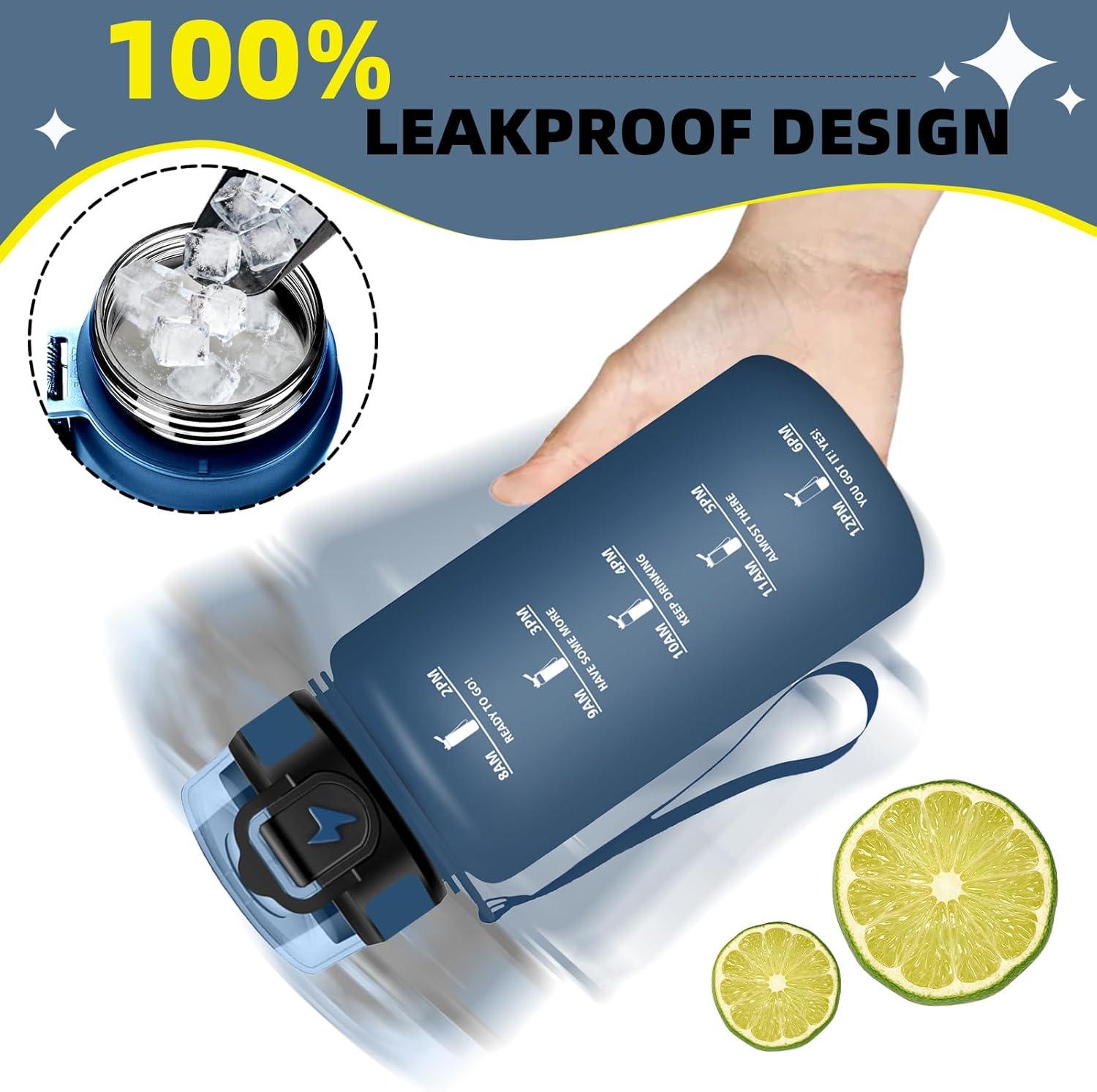 imageGrsta Gourde 1l Anti Fuite Gourde Sport avec Paille Verrou de Scurit Gourdes Motivationnelle Facile Nettoyer Bouteille deau avec Marqueur de Temps pour Cyclisme Gym YogaBleu Fonc