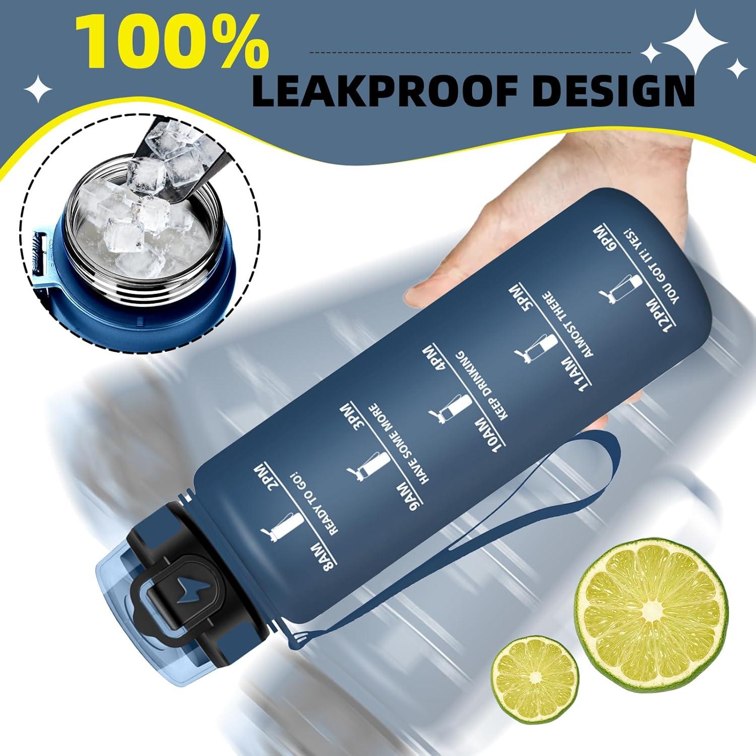 imageGrsta Gourde 1l Anti Fuite Gourde Sport avec Paille Verrou de Scurit Gourdes Motivationnelle Facile Nettoyer Bouteille deau avec Marqueur de Temps pour Cyclisme Gym YogaBleu Fonc