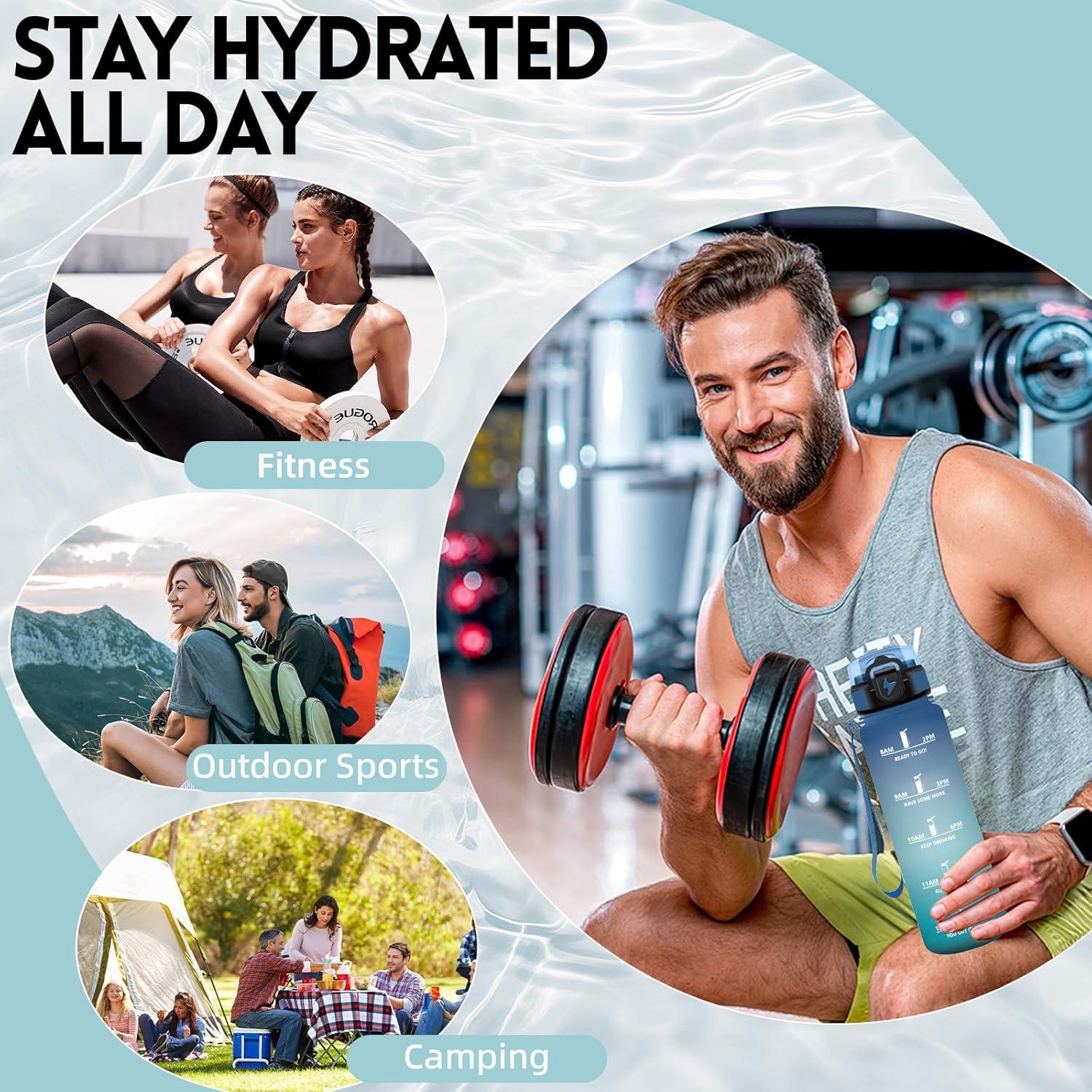 imageGrsta Gourde 1l Anti Fuite Gourde Sport avec Paille Verrou de Scurit Gourdes Motivationnelle Facile Nettoyer Bouteille deau avec Marqueur de Temps pour Cyclisme Gym YogaBleuvert