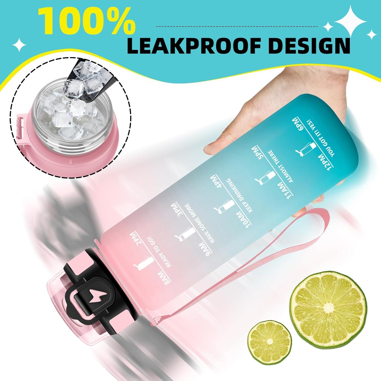 imageGrsta Gourde 1l Anti Fuite Gourde Sport avec Paille Verrou de Scurit Gourdes Motivationnelle Facile Nettoyer Bouteille deau avec Marqueur de Temps pour Cyclisme Gym YogaRosevert